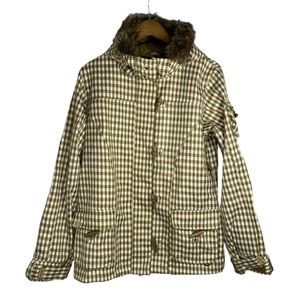 Roxy 5000 Snow Jacket Women Large Gold Cream Checkered Fur Hood Long Sleeve
